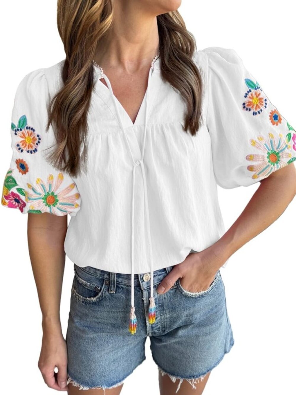 Women's Casual Floral Embroidered V Neck Boho Short Puff Sleeve Mexican Shirts